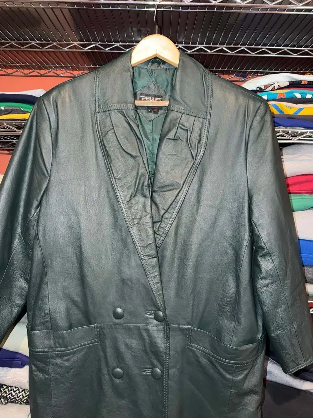 Vintage Pelle New York Milano Dark Green Leather Long Trench Coat Size Small